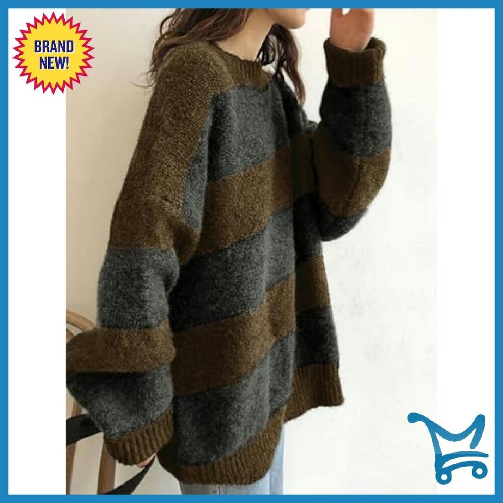 Oversized Striped Pullover Sweater 100% Polyester Long Sleeve Crewneck - Picture 4 of 8